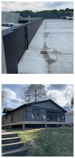 Modern parking lot and elevated wooden house with blue skies