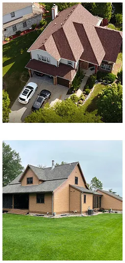 Aerial and side view of two residential houses in suburban settings.