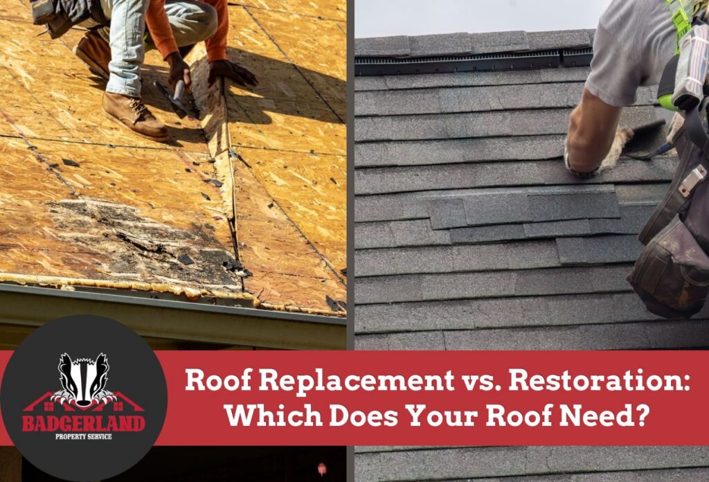 Side-by-side comparison of roof replacement and restoration processes