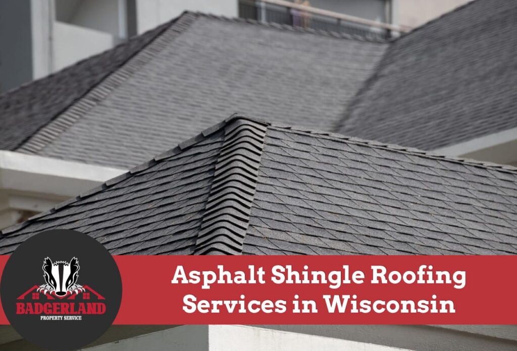 Close-up of asphalt shingle roofing on a house in Wisconsin.