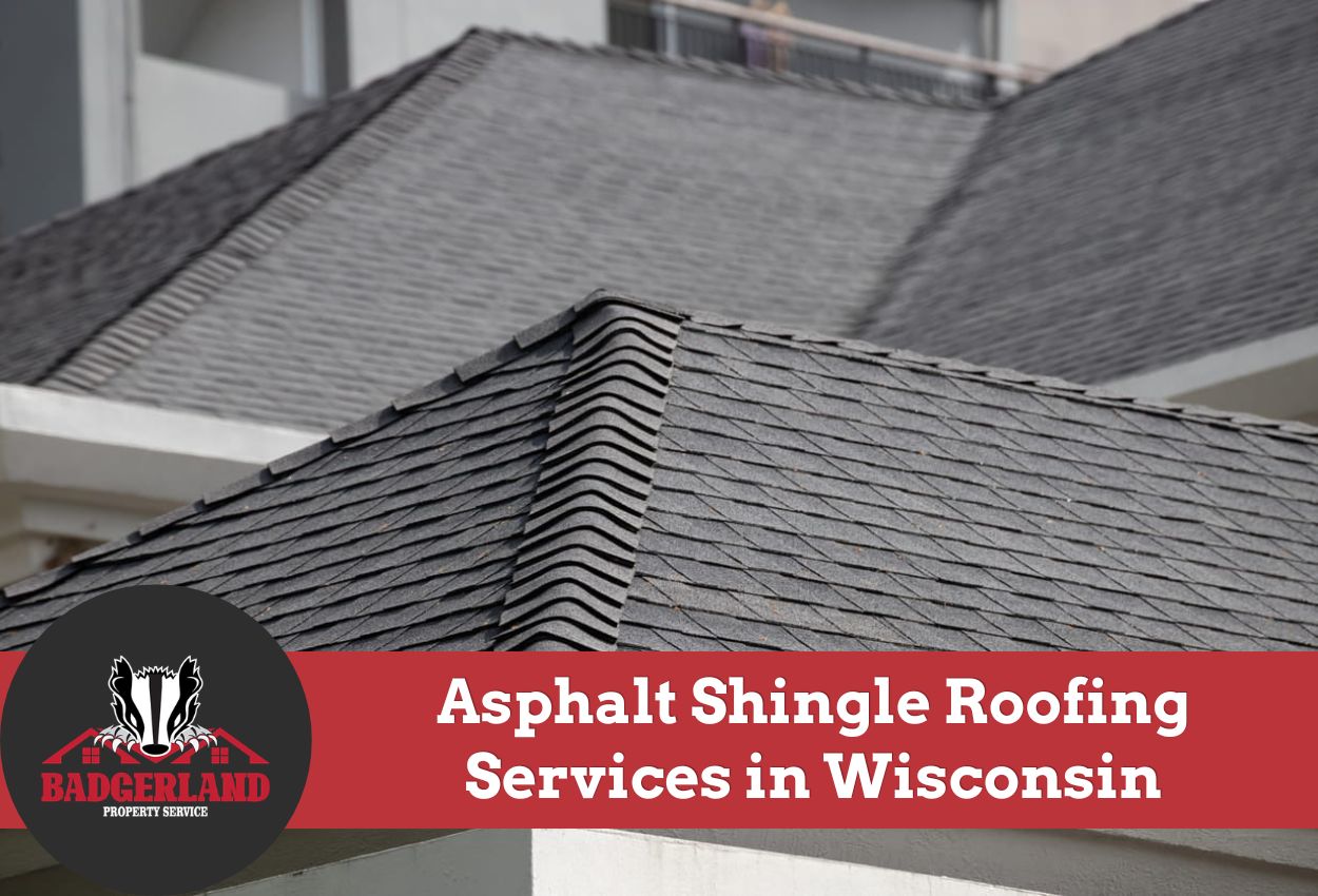 Close-up of asphalt shingle roofing on a house in Wisconsin.