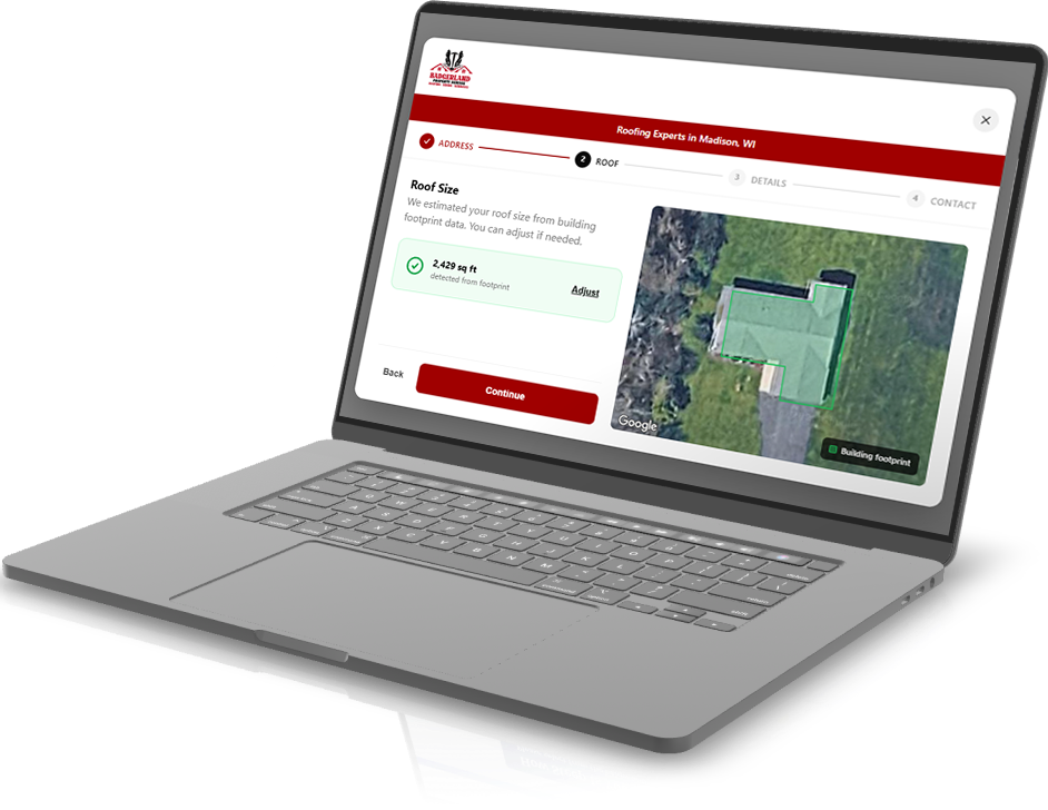 Laptop displaying a roofing estimate for a building footprint.